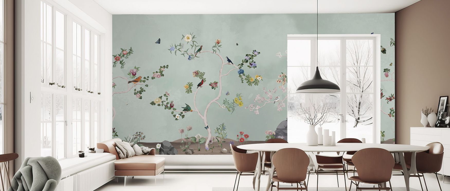 Birds in the Garden Mint Wallpaper embodies decorative elegance through avian imagery. Its design conveys refinement, uplifting bedrooms, offices, or living areas with decorative artistry and refreshing resonance. 