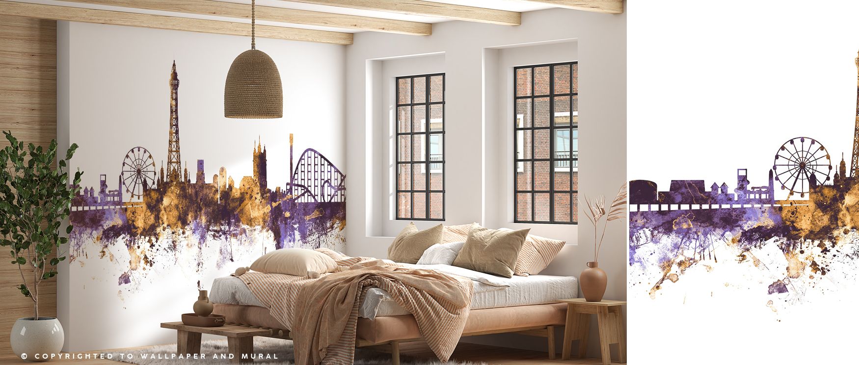 Across shimmering tones, Blackpool England Skyline Purple & Gold Wallpaper transforms plain walls into luminous canvases. Offices gain inspiring focus, bedrooms calming glow, and living rooms dynamic atmosphere, reflecting city pride in modern design.