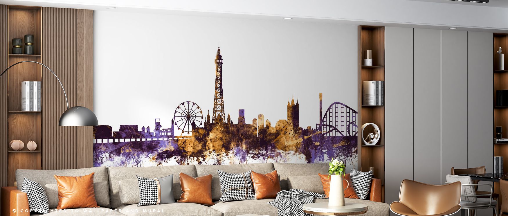 Golden highlights shimmer across Blackpool England Skyline Purple & Gold Wallpaper, elevating architectural outlines. Living rooms thrive with character, offices with sophistication, and bedrooms with cozy atmosphere, turning interiors into artistic showc