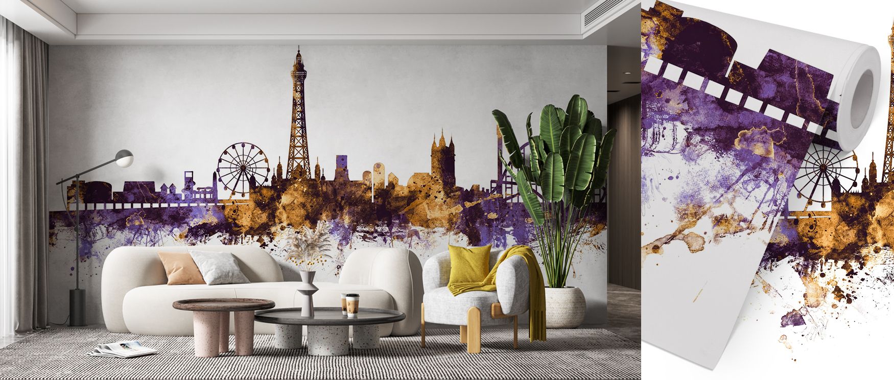Urban beauty emerges in Blackpool England Skyline Purple & Gold Wallpaper with vibrant silhouettes. Bedrooms enjoy warmth, offices stylish professionalism, and living rooms conversation energy, making interiors expressive and inviting.