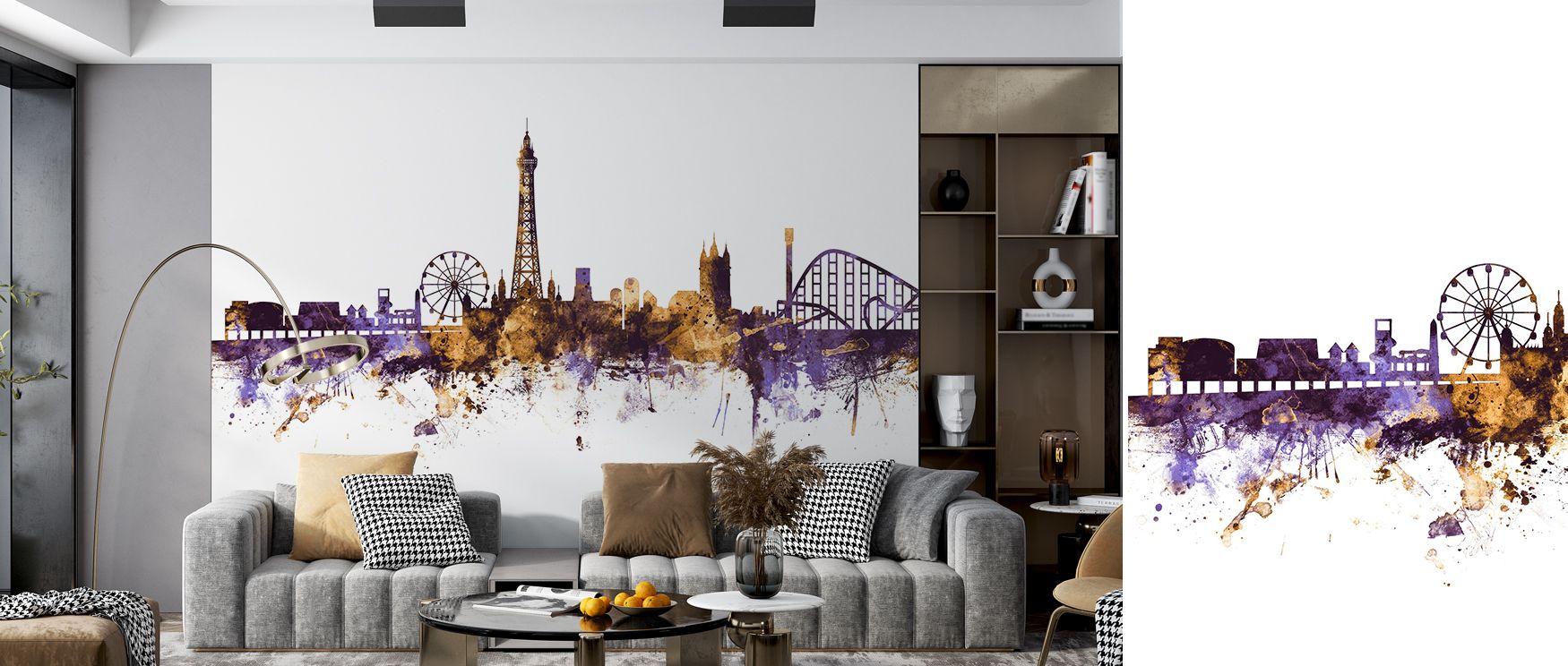 Rich contrasts in Blackpool England Skyline Purple & Gold Wallpaper bring out architectural depth. Living rooms radiate energy, offices polish with refinement, and bedrooms gain restful charm, combining artistry with bold sophistication.