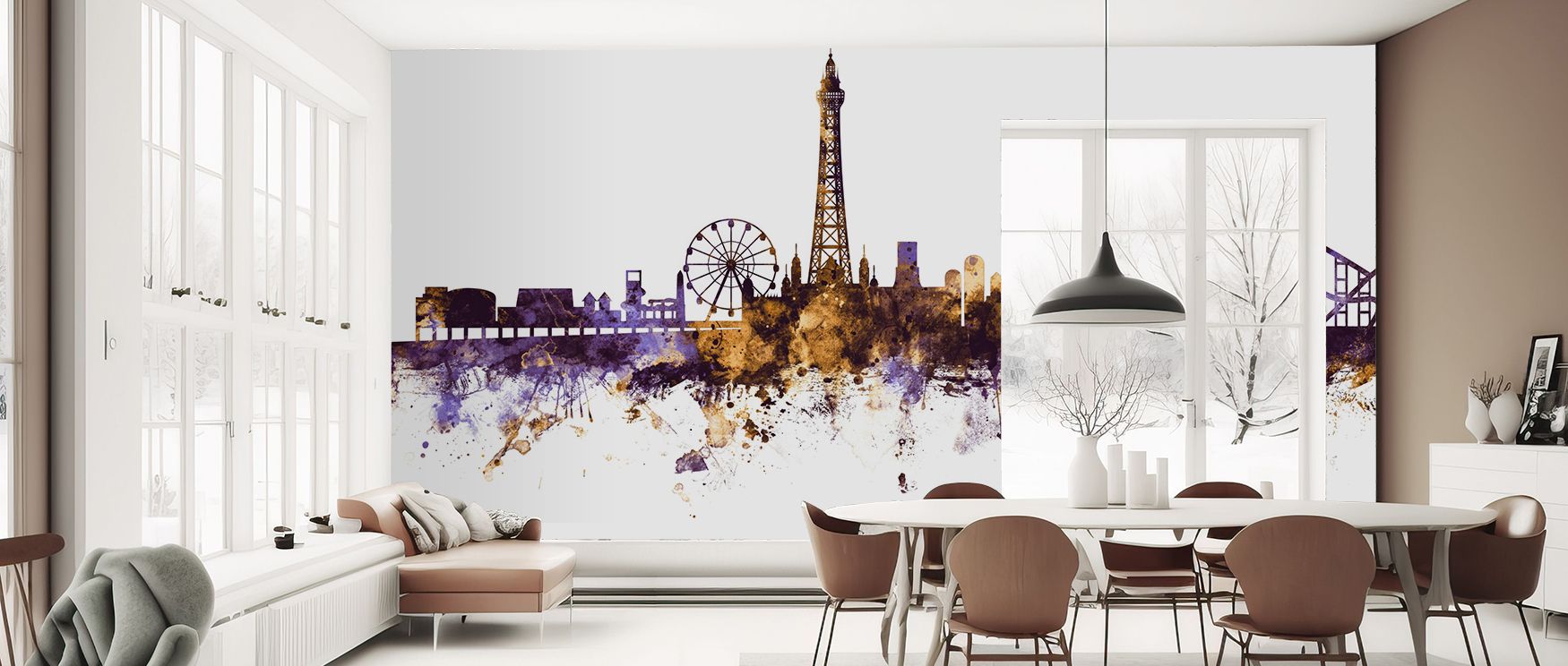 Architectural silhouettes stand proud in Blackpool England Skyline Purple & Gold Wallpaper, offering vibrant energy. Offices gain creative focus, bedrooms cozy calm, and living rooms stylish rhythm, enhancing interiors with modern flair.