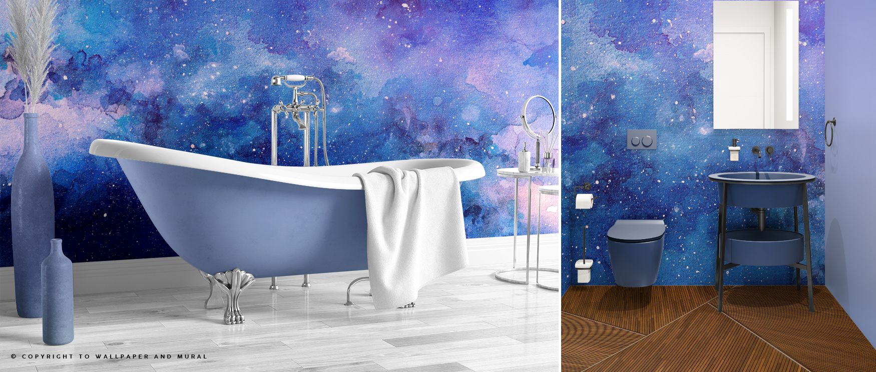 Cosmic artistry defines Blue Cosmic Watercolor Wallpaper with glowing gradients. Bedrooms benefit from restful ambiance, offices from inspiring professionalism, and living rooms from bold character, uniting calm and energy.