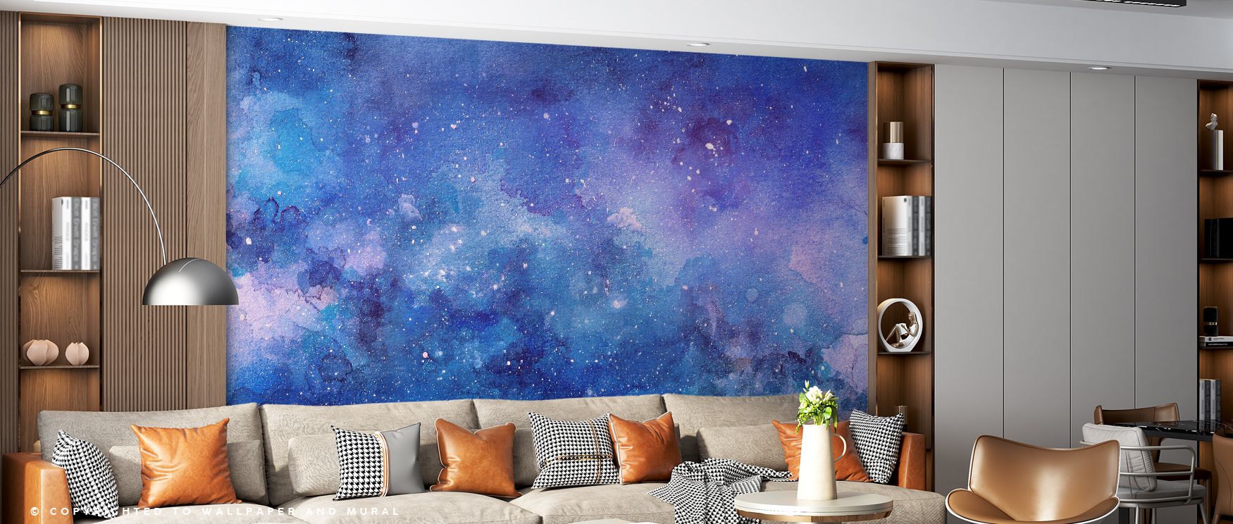 Across layered hues, Blue Cosmic Watercolor Wallpaper transforms interiors with artistic elegance. Living rooms radiate energy, bedrooms cozy charm, and offices stylish refinement, blending creativity with vibrancy.