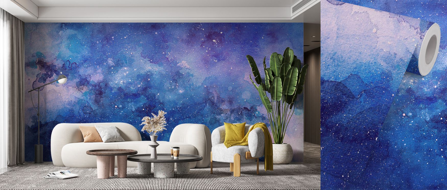 Artistic washes of color enrich Blue Cosmic Watercolor Wallpaper, adding luminous character. Living rooms shine with expressive energy, bedrooms embrace relaxation, and offices reflect sophistication, capturing contemporary artistry.