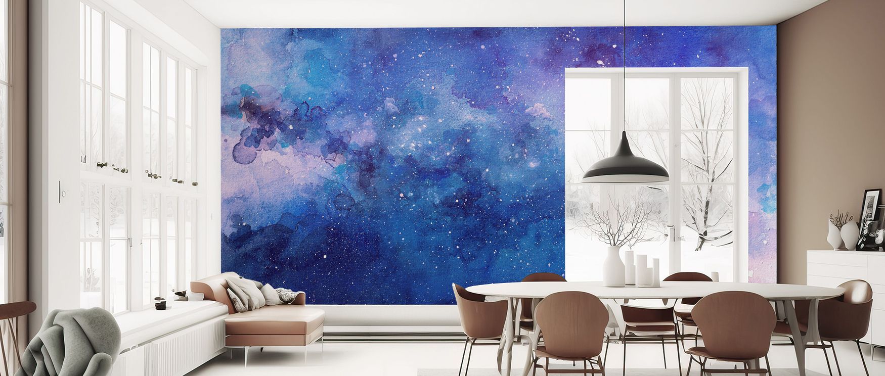 Blue Cosmic Watercolor Wallpaper radiates serenity through flowing tones. Bedrooms glow with calm charm, offices inspire creativity, and living rooms highlight lively presence, producing balance and depth.