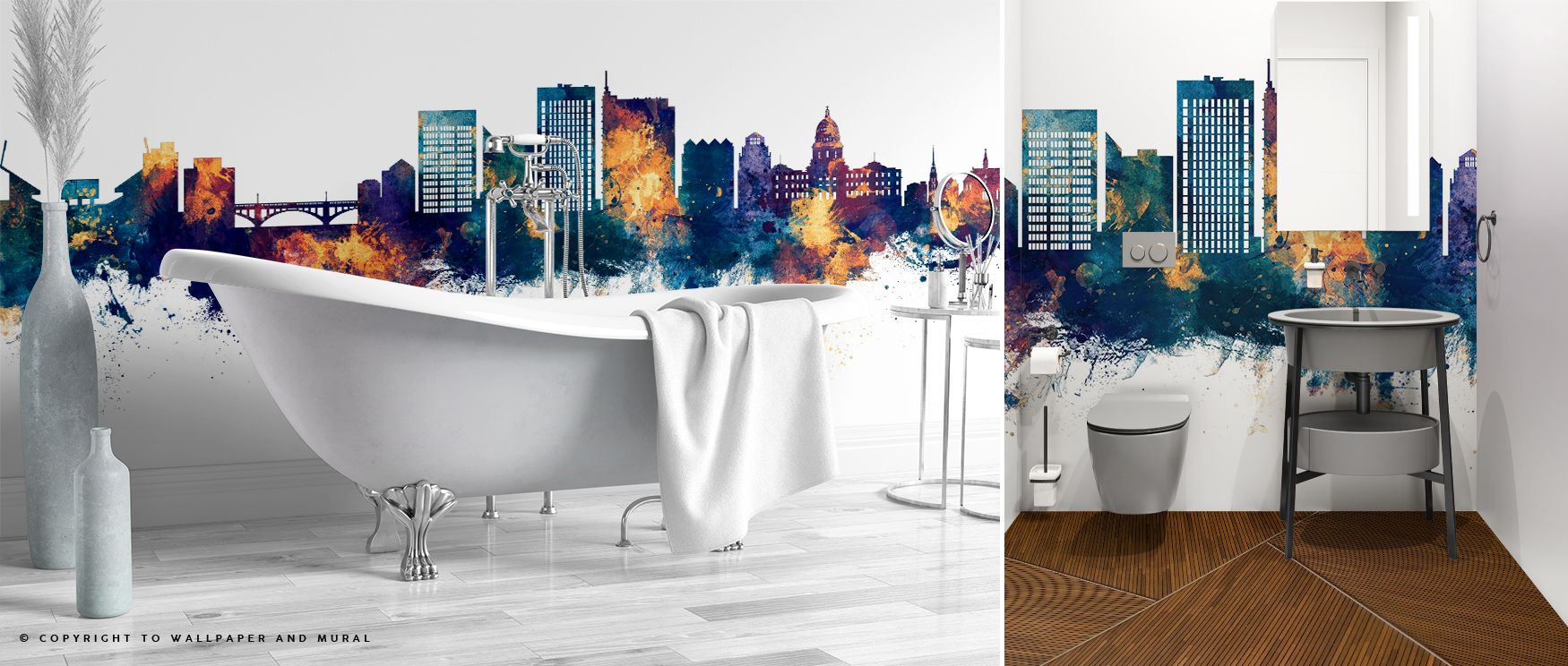 Boise Idaho Skyline Blue & Bronze Wallpaper layers structure with artistry, creating versatile backdrops. Living rooms achieve bold style, bedrooms restful elegance, and offices polished refinement, celebrating city character.