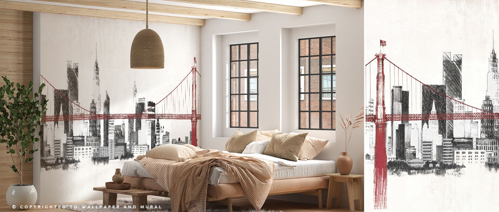 In radiant tones, the Bridge and Skyline Red Wallpaper captures the vibrancy of city architecture. Bridges connect gracefully with skyline shapes, creating warm atmospheres for bedrooms, bold visual rhythm in living rooms, and contemporary appeal for offi