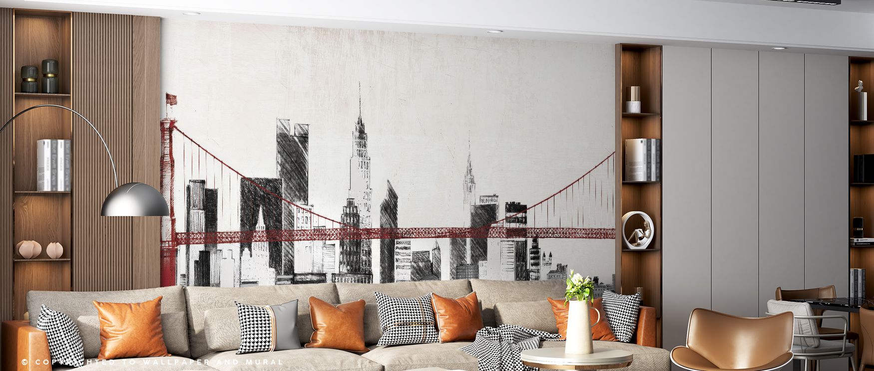 Across sweeping lines, the Bridge and Skyline Red Wallpaper transforms interiors with glowing red tones. Its dynamic mood infuses bedrooms with comfort, energizes living rooms with character, and elevates offices with a stylish metropolitan essence.