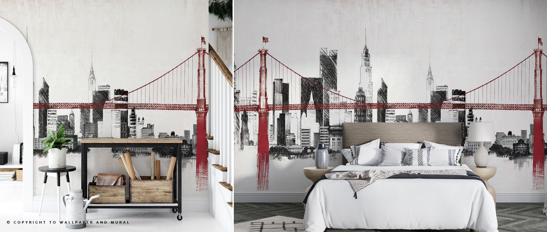 Red horizons filled with structure define the Bridge and Skyline Red Wallpaper, merging bridges and city silhouettes. This composition enhances living rooms with bold flair, bedrooms with cozy vibrancy, and offices with elegant, artistic refinement.