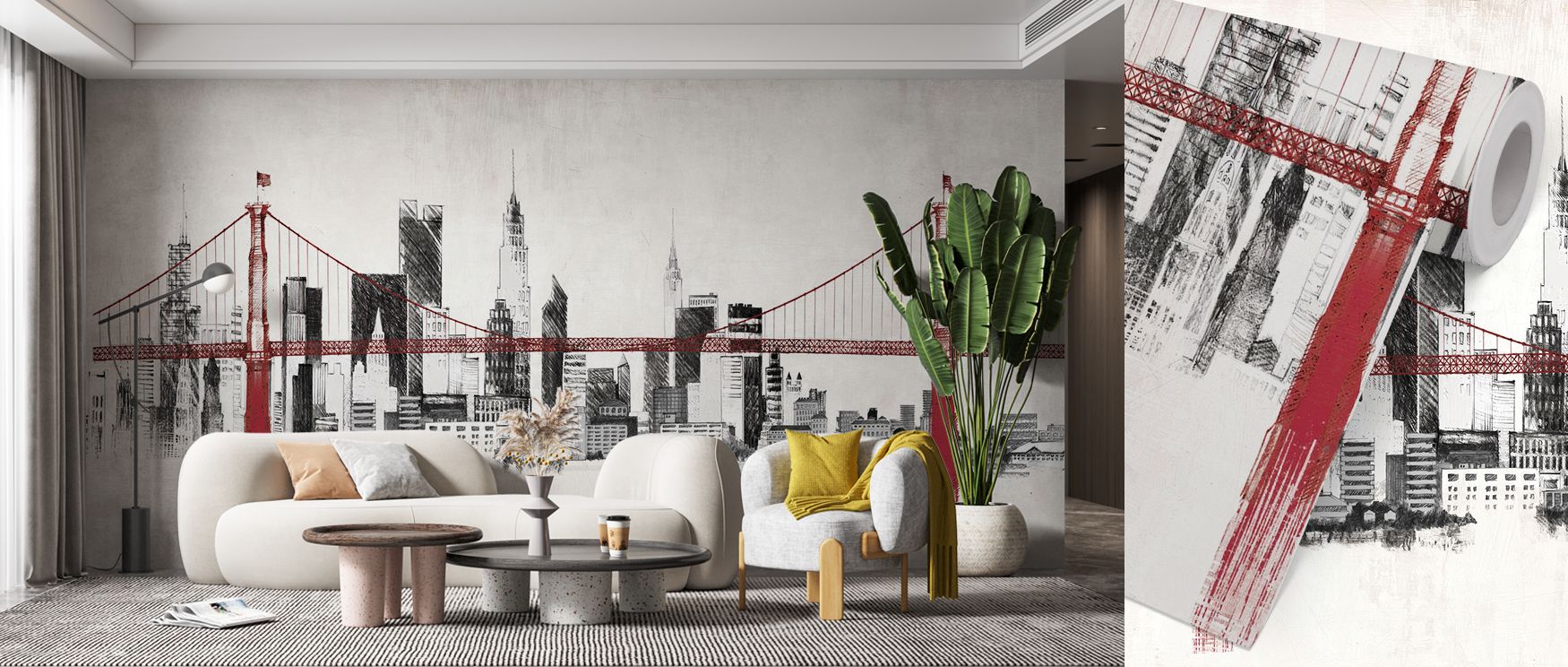 Architectural patterns shine in the Bridge and Skyline Red Wallpaper, presenting bold skylines and radiant bridges. The interplay of tones adds atmosphere, warming bedrooms, inspiring offices, and energizing living rooms with artistic sophistication.
