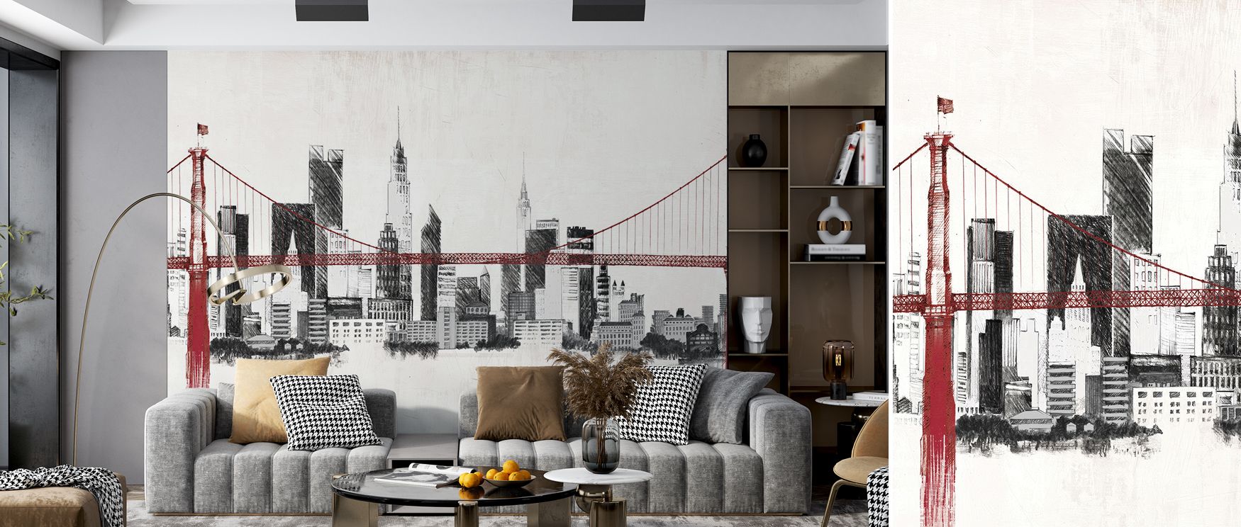 City silhouettes emerge vividly in the Bridge and Skyline Red Wallpaper, blending elegance with movement. Red tones radiate charm, making offices vibrant, bedrooms welcoming, and living rooms artistic with contemporary depth and vitality.