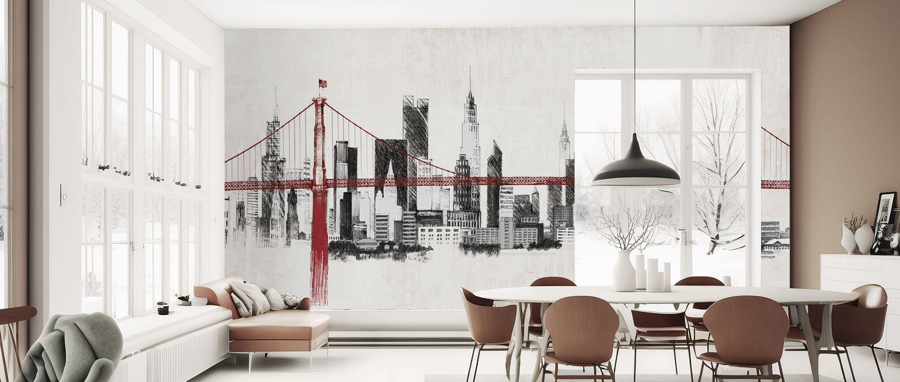 Rich tones of the Bridge and Skyline Red Wallpaper highlight sweeping structures that inspire conversation. Its luminous backdrop delivers warmth in bedrooms, stylish focus in offices, and bold presence in living rooms filled with modern character.