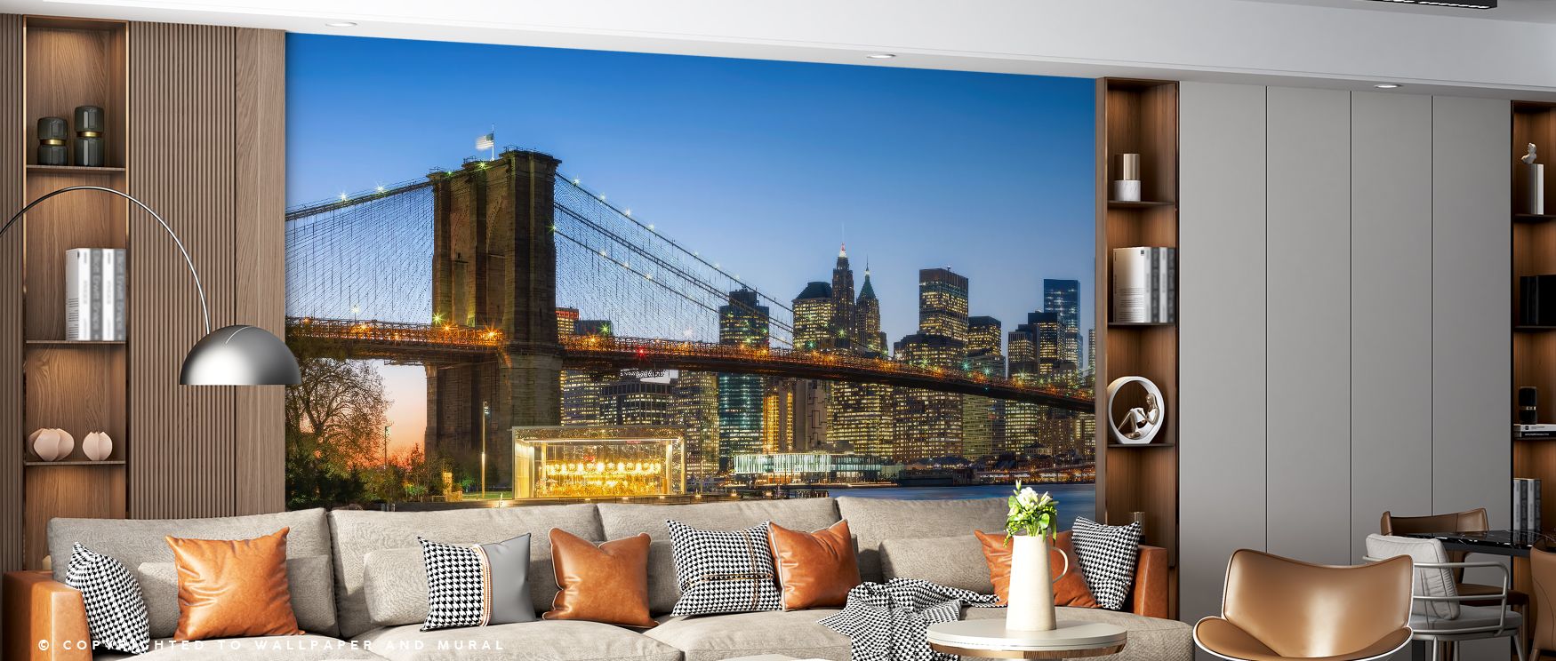 Glowing spans of Brooklyn Bridge at Night Wallpaper frame interiors with architectural grace and luminous energy. Offices benefit from its inspiring detail, bedrooms from its tranquil glow, and living rooms from its bold artistic character.