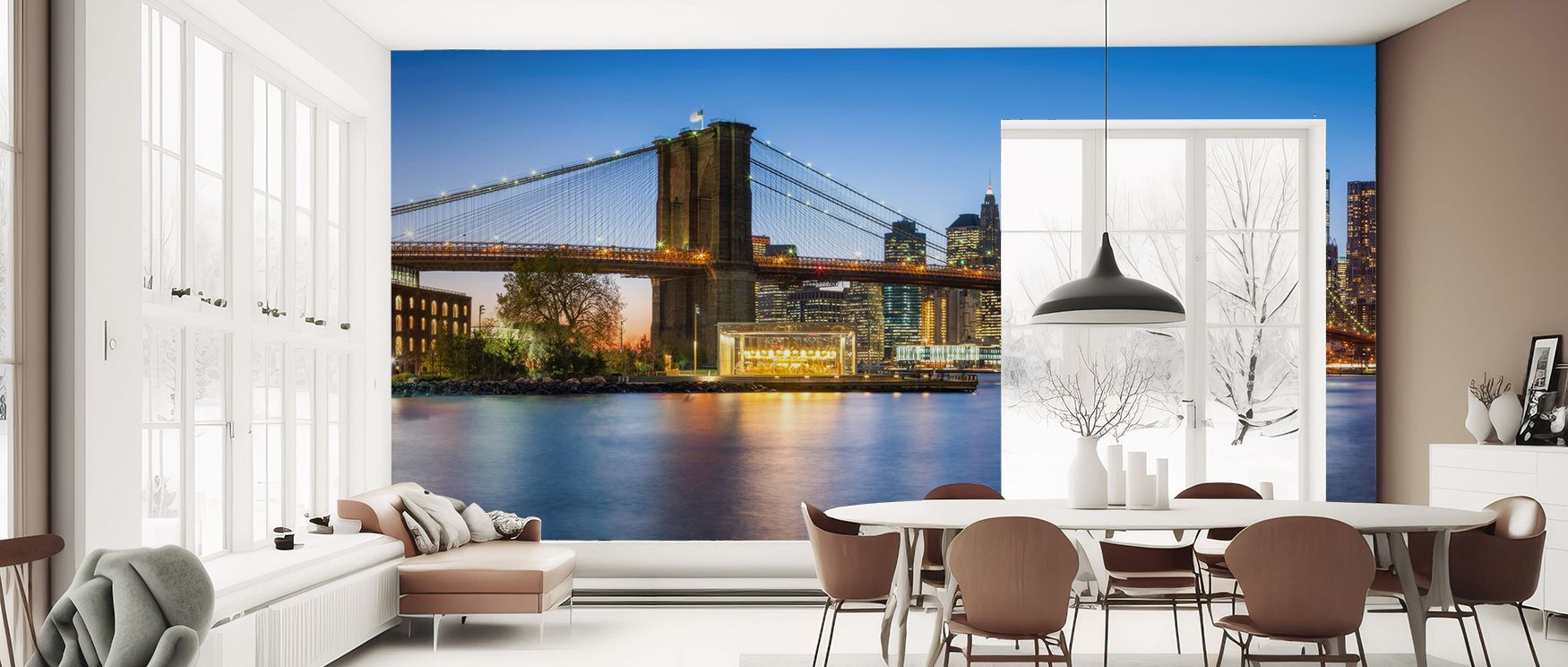 Illuminated structures define Brooklyn Bridge at Night Wallpaper, capturing nighttime artistry. It inspires cozy ambiance in bedrooms, bold atmosphere in living rooms, and professional sophistication in offices, merging design with iconic heritage.