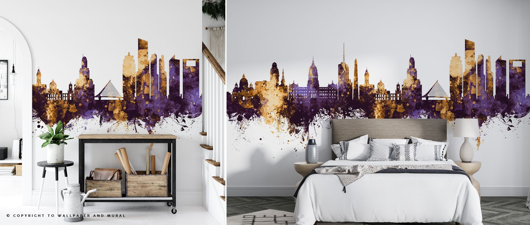 Urban pride reflects in Buenos Aires Argentina Skyline Purple & Gold Wallpaper, where bold hues and glowing forms transform walls. Bedrooms glow with elegance, offices achieve refinement, and living rooms embrace vibrant conversation energy.