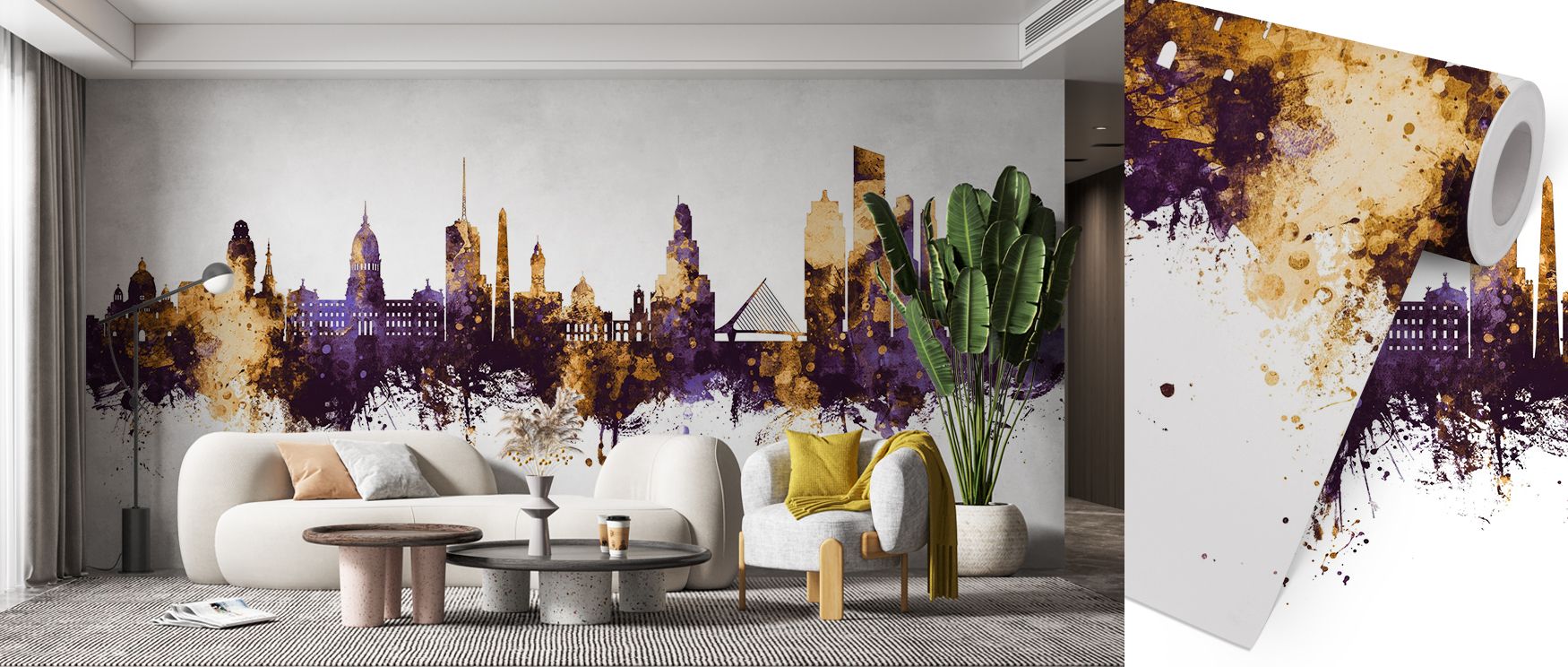 Glowing skylines rise across Buenos Aires Argentina Skyline Purple & Gold Wallpaper, merging elegance and strength. Living rooms glow with lively rhythm, offices with refinement, and bedrooms with warmth, capturing metropolitan energy in design.