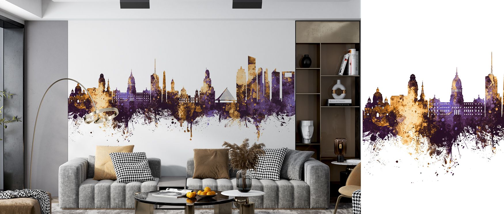 Rich colors define Buenos Aires Argentina Skyline Purple & Gold Wallpaper, balancing purple depth and golden radiance. Offices gain inspiring professionalism, bedrooms soothing glow, and living rooms lively atmosphere with artistic rhythm.