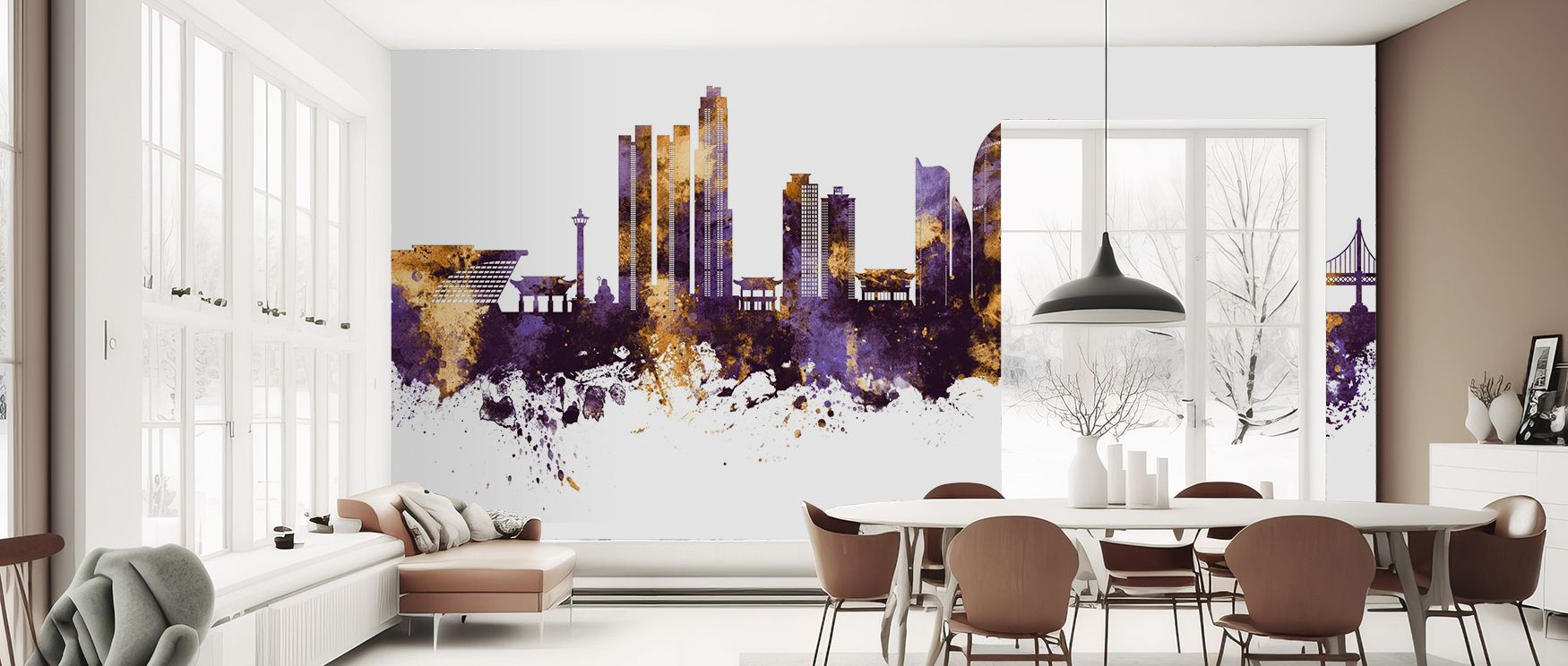 Layers of purple and gold enrich Busan South Korea Skyline Purple & Gold Wallpaper, reflecting beauty and sophistication. Bedrooms achieve restful elegance, offices refined charm, and living rooms dynamic atmosphere.