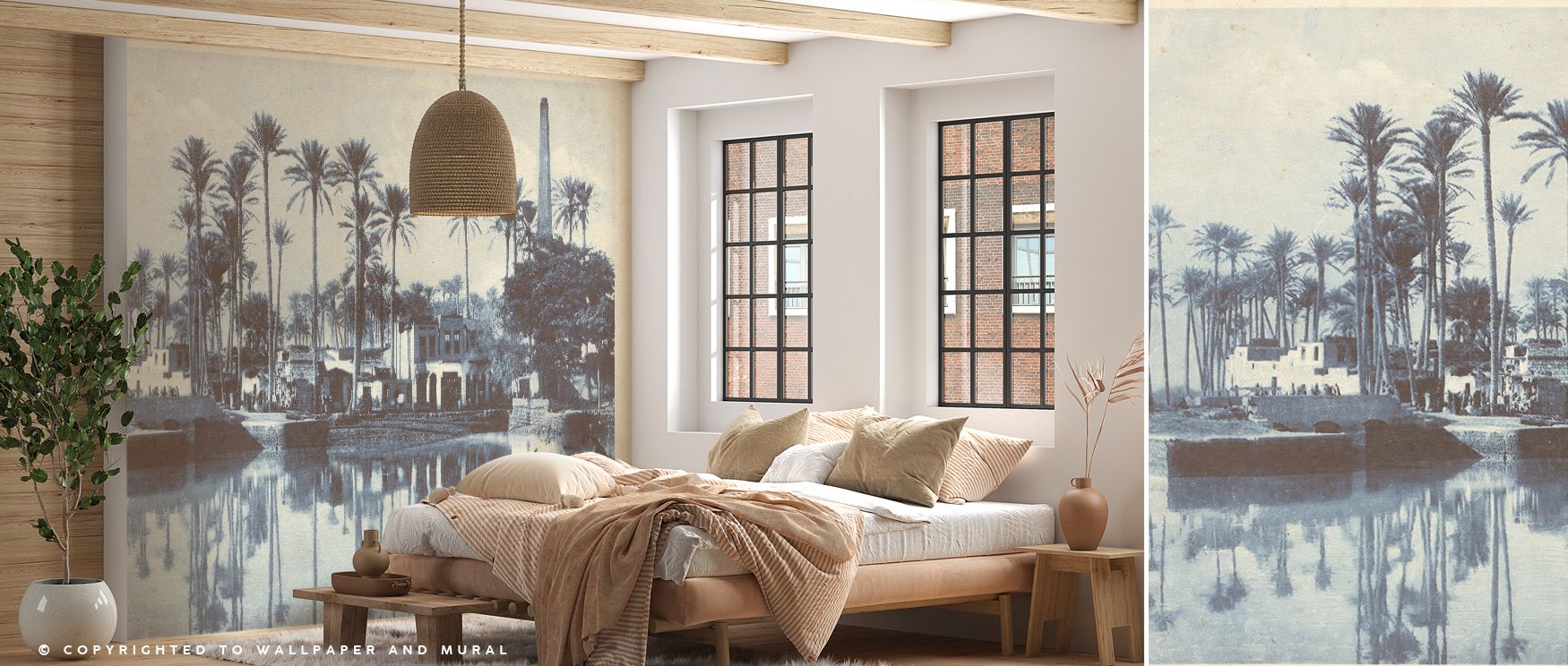 Artistic storytelling unfolds in Cairo Village Postcard Screenprint Wallpaper through layered imagery. Living rooms embrace warmth, offices achieve creative focus, and bedrooms offer calm, reflecting Cairo’s charm with decorative grace.