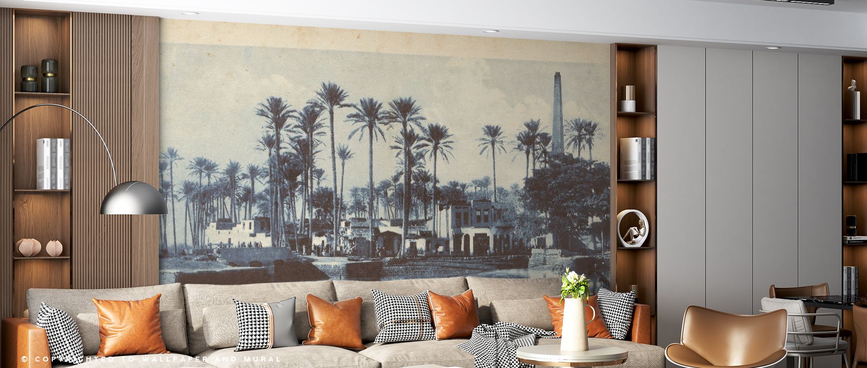 Architectural beauty defines Cairo Village Postcard Screenprint Wallpaper, where detailed forms enrich spaces. Offices gain professional inspiration, bedrooms tranquility, and living rooms vibrancy, capturing timeless cultural artistry.