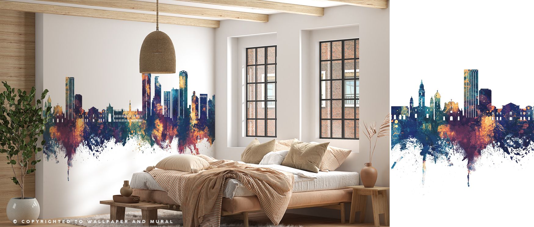The Caracas Skyline Blue & Bronze Wallpaper merges cool tones with metallic warmth, creating dynamic energy on walls that suit both contemporary living areas and stylish workspaces. 