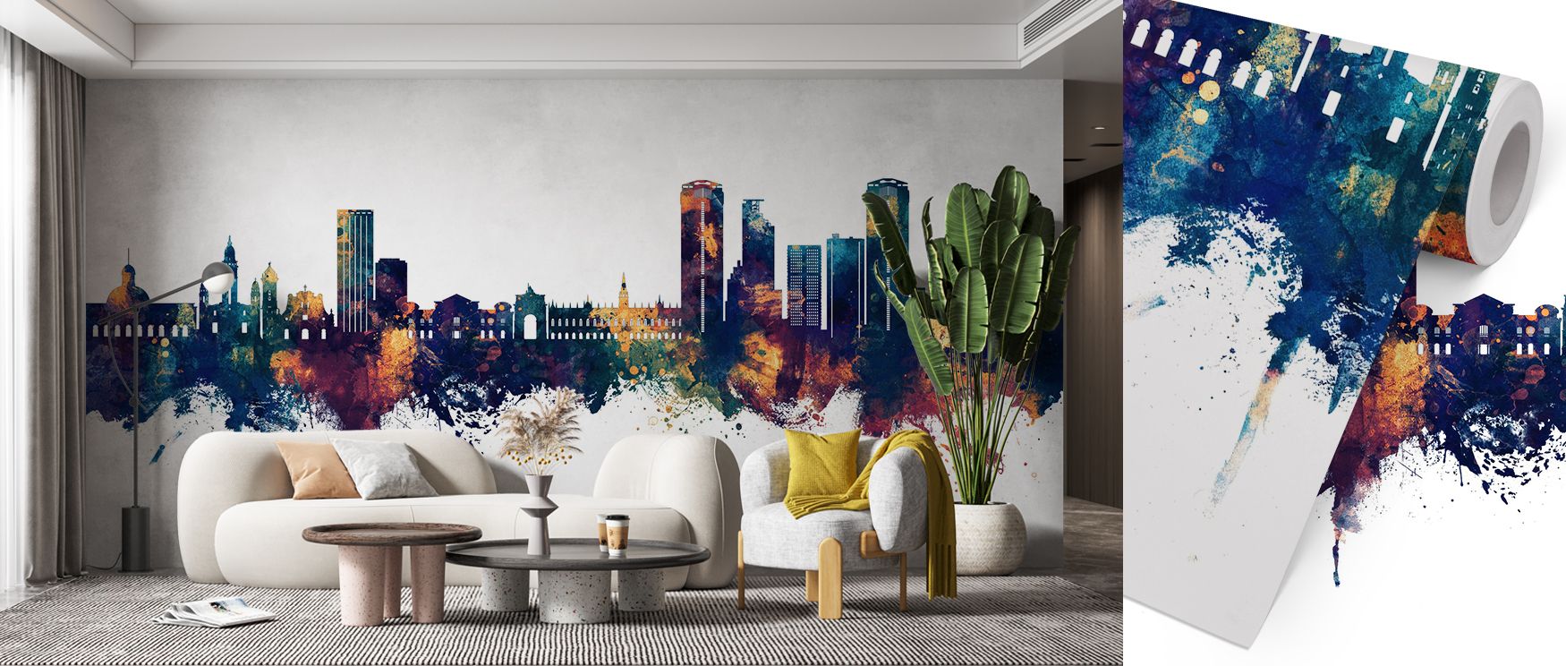 The Caracas Skyline Blue & Bronze Wallpaper embodies Venezuelan spirit, layering skyline views with artistic color to create atmosphere, enriching modern homes with unique style. 