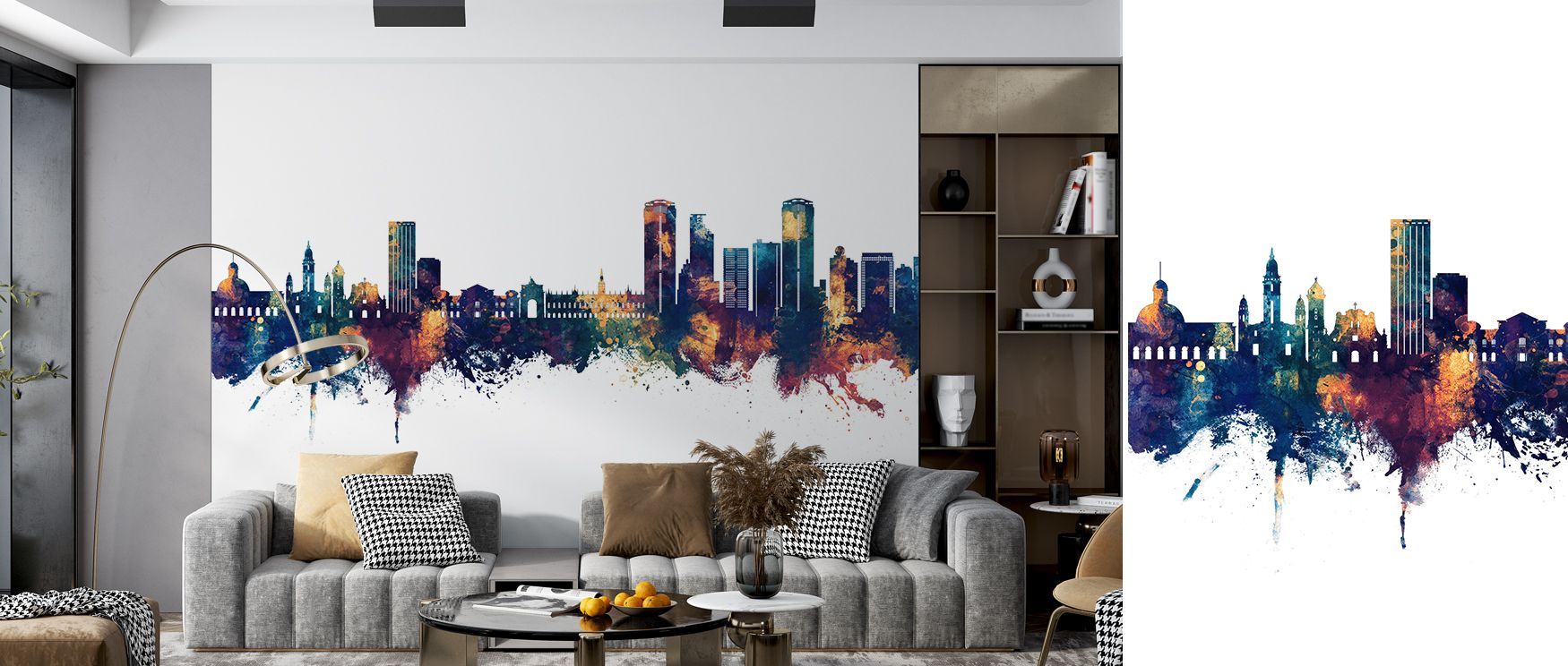 The Caracas Skyline Blue & Bronze Wallpaper creates visual harmony, turning walls into celebrations of culture and architecture while offering sophistication to modern interiors. 