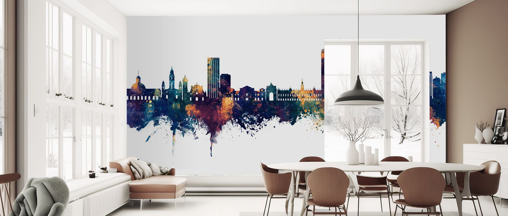 An interplay of bronze radiance and blue depth defines the Caracas Skyline Blue & Bronze Wallpaper, surrounding interiors with vibrant elegance and enhancing bedrooms or study areas. 
