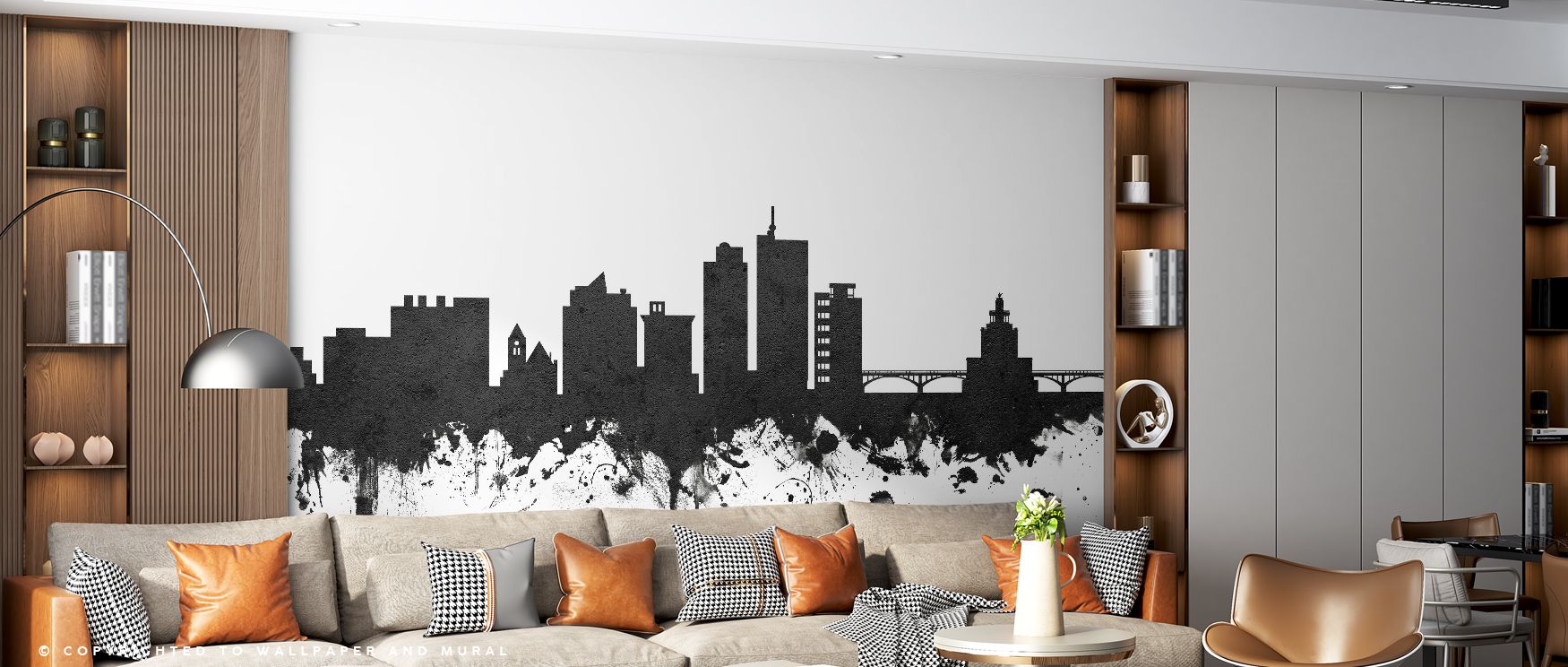 The Cedar Rapids Iowa Skyline Black & White Wallpaper blends clarity and elegance, capturing the city’s architectural beauty in refined tones that offer versatility for contemporary offices or serene bedrooms. 