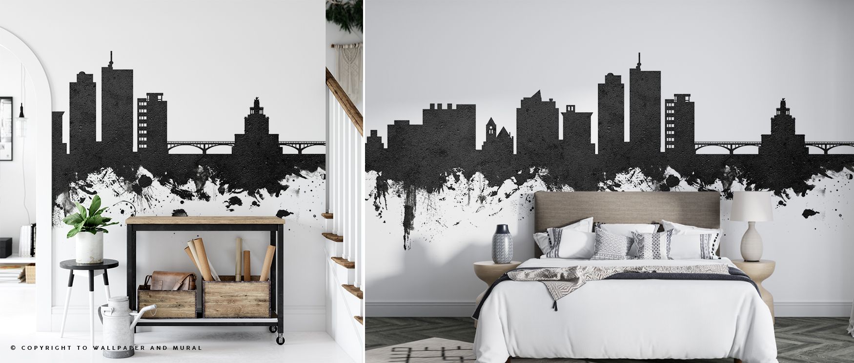 The Cedar Rapids Iowa Skyline Black & White Wallpaper carries urban pride into homes, creating modern elegance through refined monochrome tones that adapt beautifully to diverse spaces. 