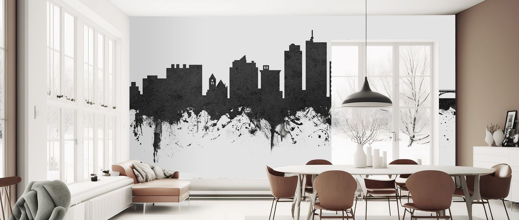 Strong lines and subtle gradients emerge in Cedar Rapids Iowa Skyline Black & White Wallpaper, offering sophistication and visual stability while enhancing minimalist interiors with urban atmosphere. 