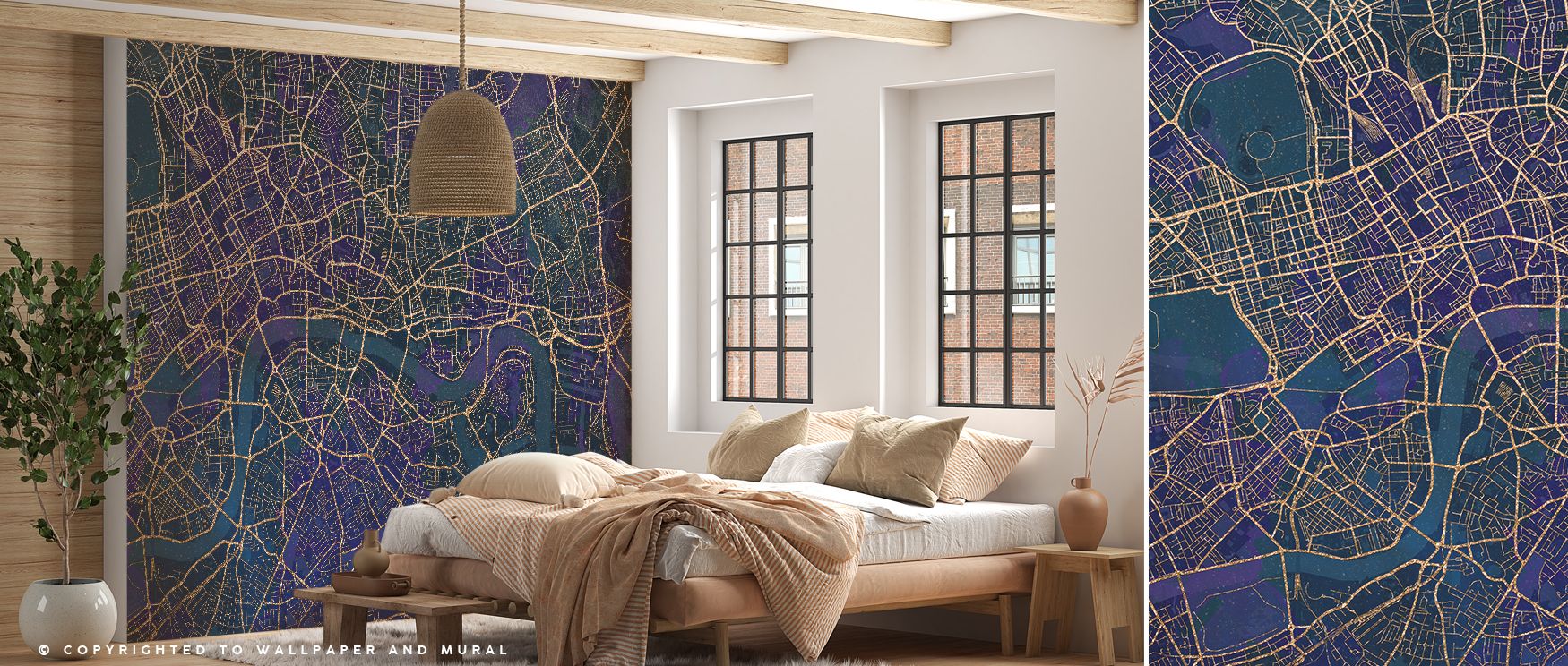 The Central London Blue & Gold Wallpaper captures the skyline in glowing tones, adding depth and artistry that elevate walls while celebrating architectural heritage. 