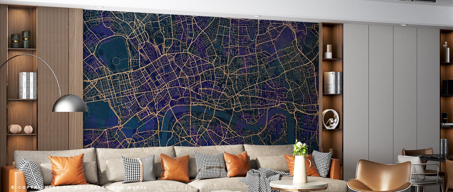 Bold contrasts and luminous shades characterize Central London Blue & Gold Wallpaper, surrounding interiors with grandeur and creating vibrant energy for stylish spaces. 