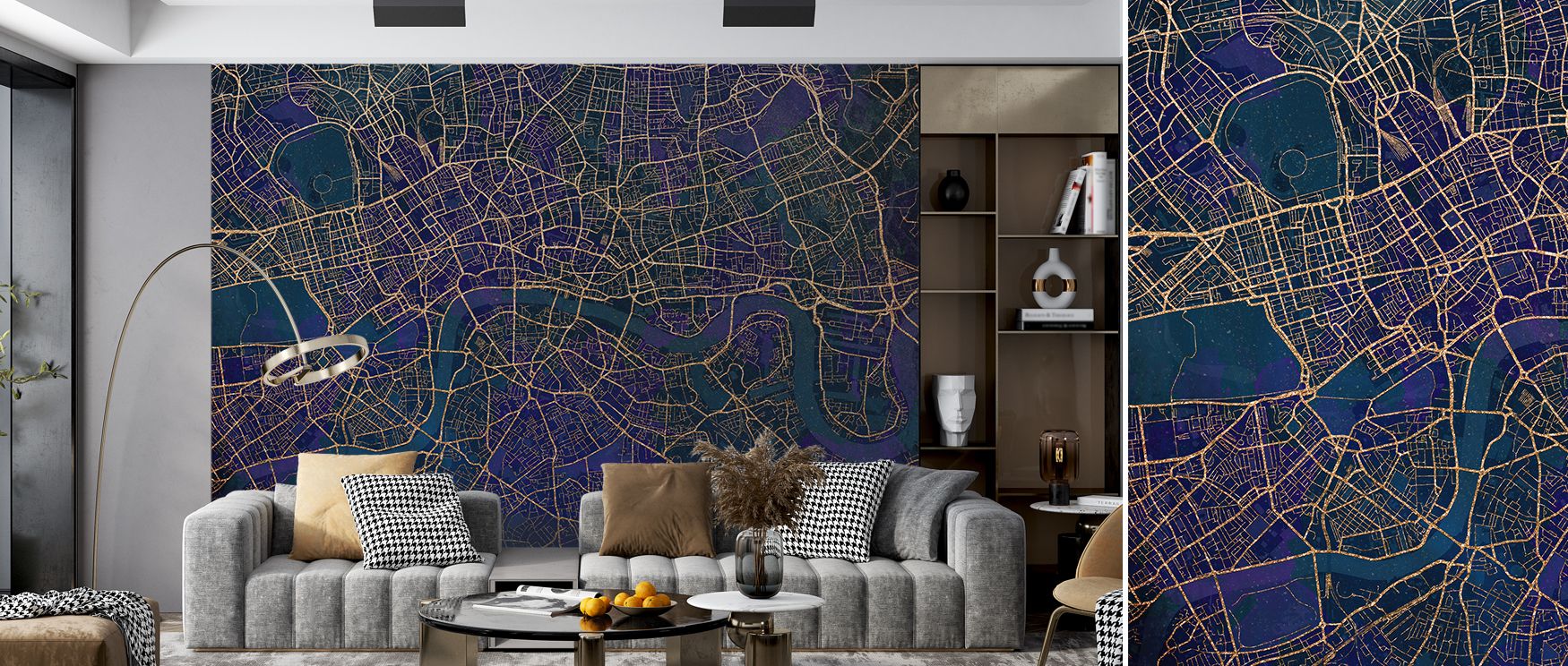A striking interplay of architecture and color defines Central London Blue & Gold Wallpaper, providing interiors with sophistication and creating strong visual impact. 