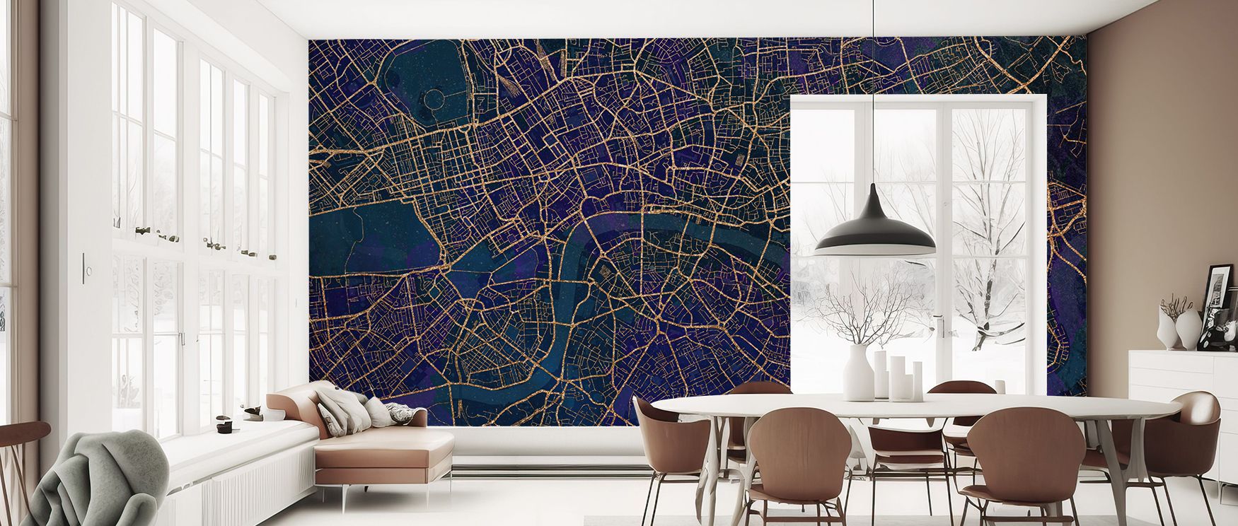 With glowing tones and structural beauty, the Central London Blue & Gold Wallpaper enriches bedrooms or offices, transforming interiors with modern elegance and richness. 