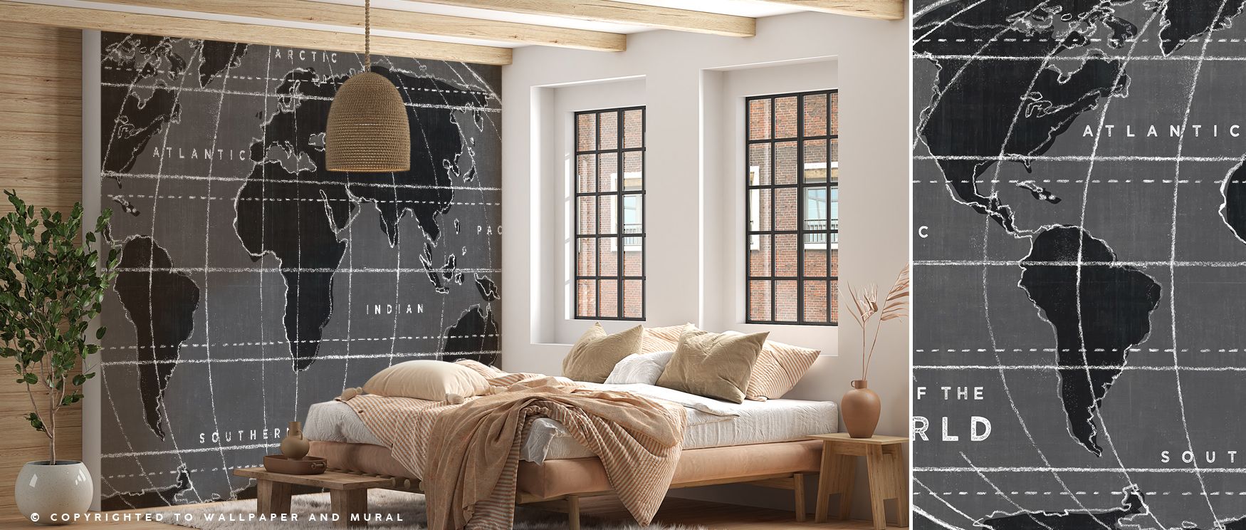 The Chalkboard Map Wallpaper blends informative design with artistic beauty, offering a unique background for offices or bedrooms where creativity and learning thrive. 