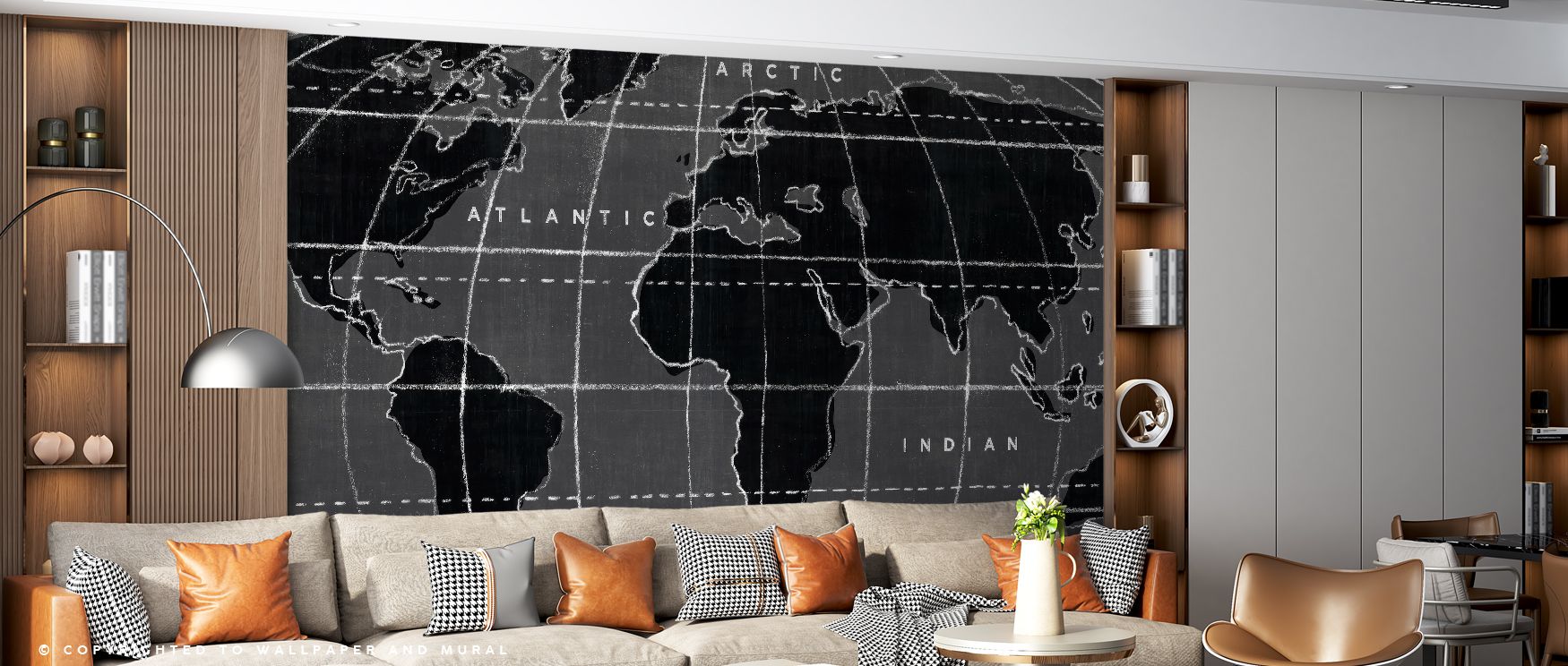 With its chalkboard textures and detailed maps, the Chalkboard Map Wallpaper enriches interiors with atmosphere, sparking exploration in both living spaces and study rooms. 
