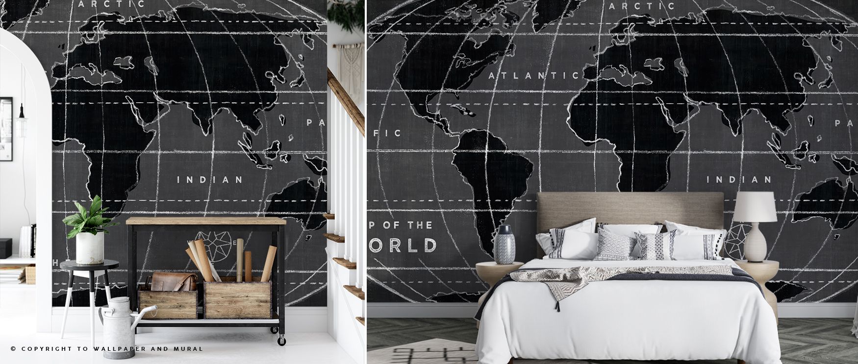 The Chalkboard Map Wallpaper offers bold contrast between dark backdrops and detailed continents, surrounding interiors with inspiration while encouraging curiosity and discovery. 