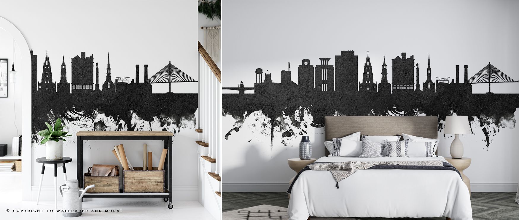 In Charleston South Carolina Skyline Black & White Wallpaper, urban silhouettes create elegance, surrounding interiors with charm while maintaining visual strength. 