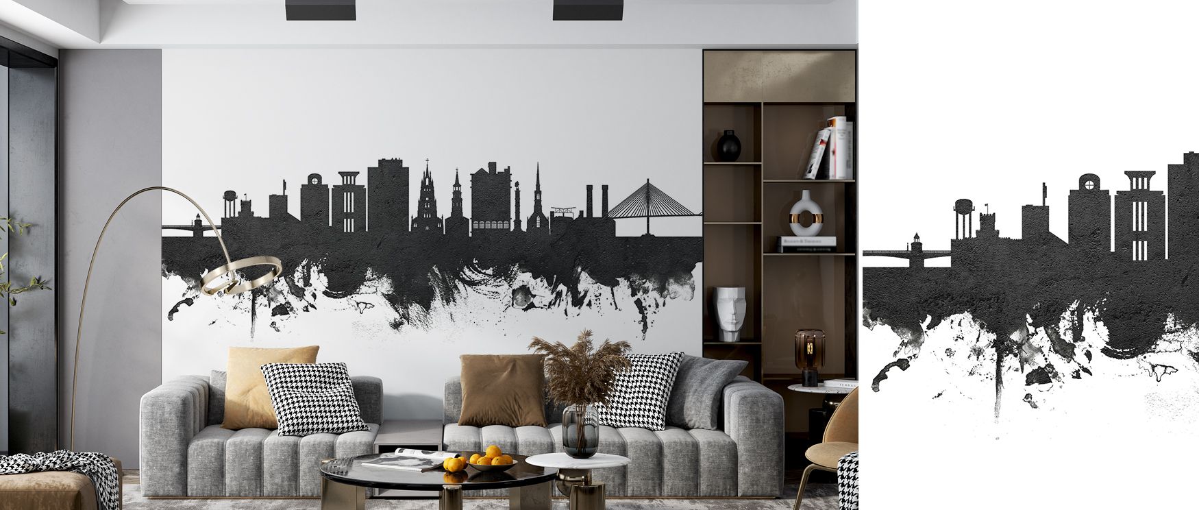 The Charleston South Carolina Skyline Black & White Wallpaper provides refined visual rhythm, creating atmosphere while celebrating cultural heritage and Southern identity. 