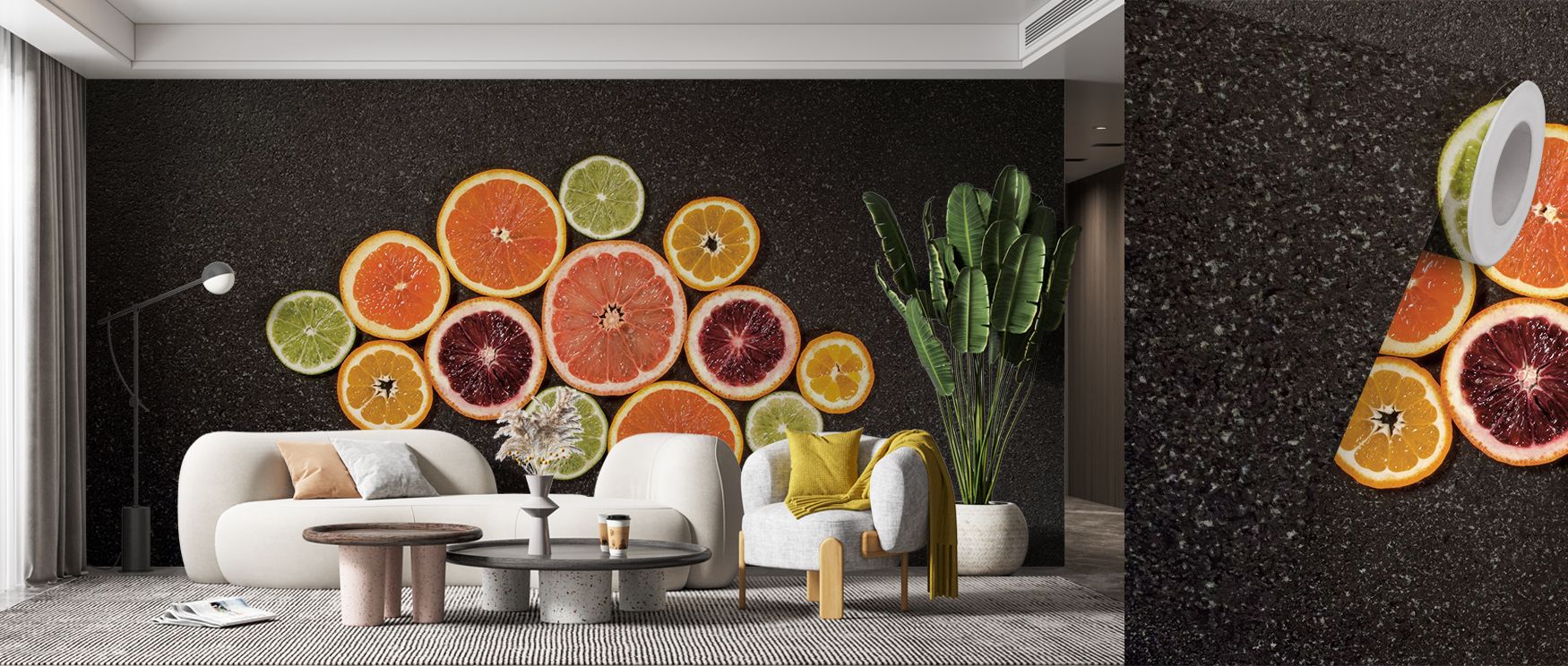 Citrus Drama I Wallpaper conveys natural abundance, surrounding interiors with rhythm and light. Its artistry provides freshness that enriches kitchens, bedrooms, or living rooms with atmosphere of calm vibrancy, uplifting moods and filling homes with nat