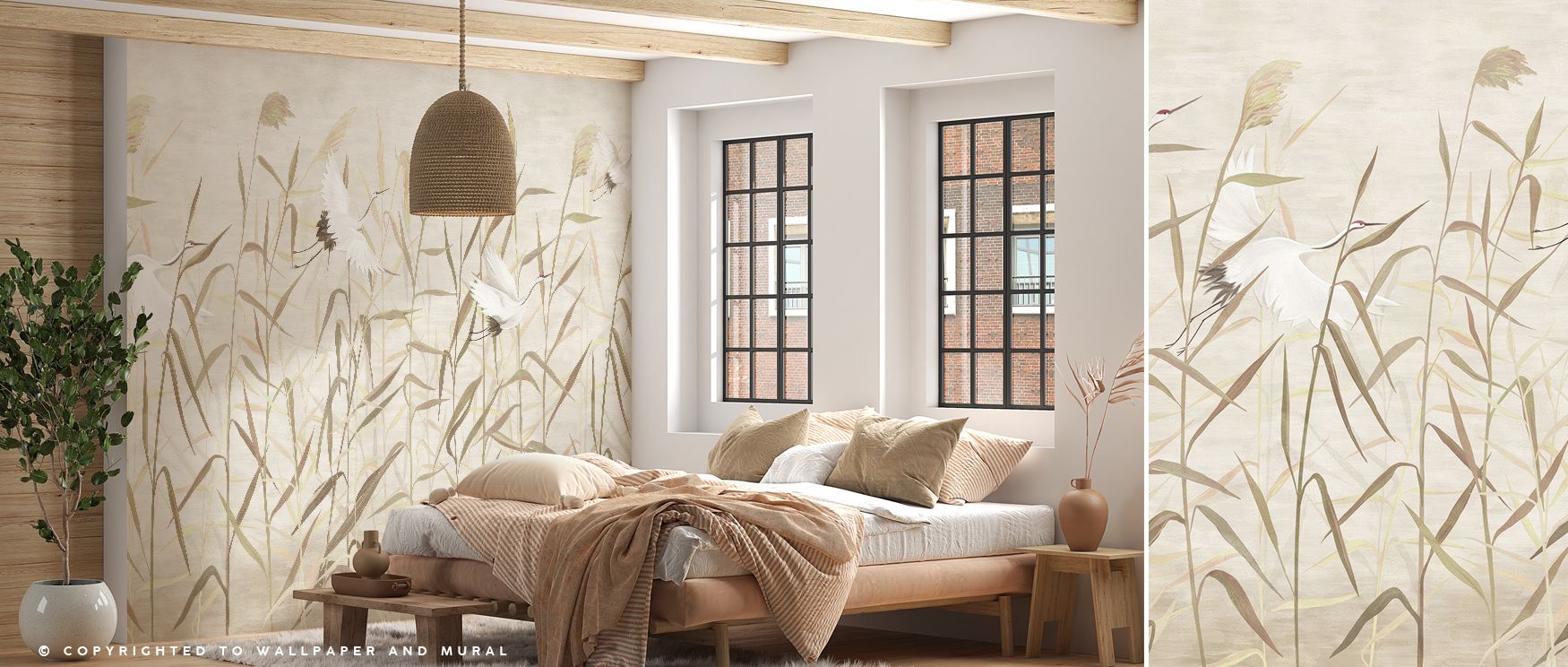 Cranes And Reed Wallpaper surrounds interiors with natural charm, offering muted tones that highlight grace. Its artistry transforms walls into serene backdrops, enriching bedrooms, offices, or stylish living spaces with calmness, balance, and inspiration
