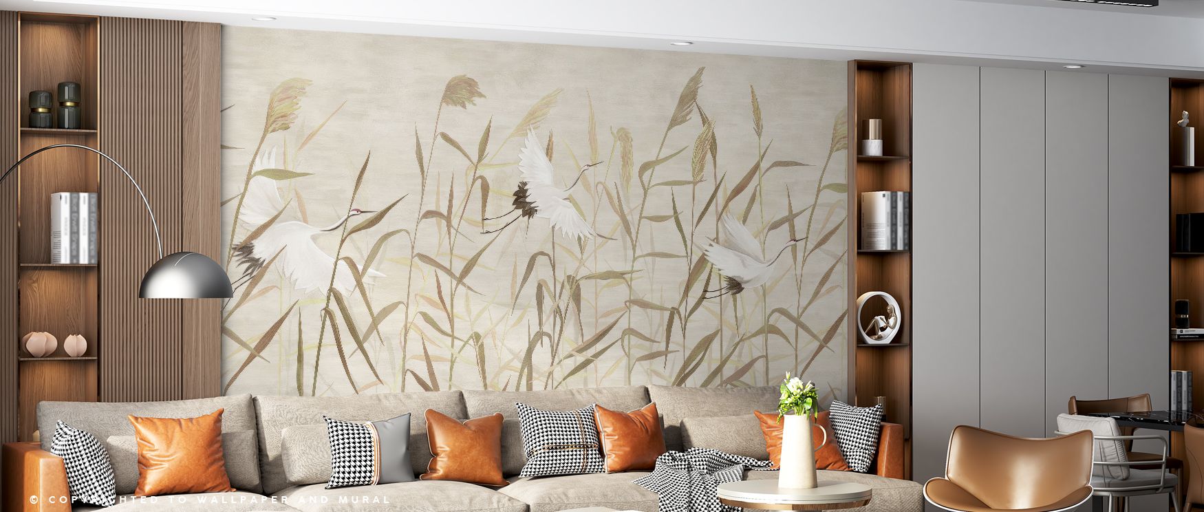 The Cranes And Reed Wallpaper conveys beauty of nature through harmony of forms. Interiors glow with calm rhythm, surrounding bedrooms, offices, or living rooms with charm, serenity, and creative presence that enhances décor with natural balance, creating