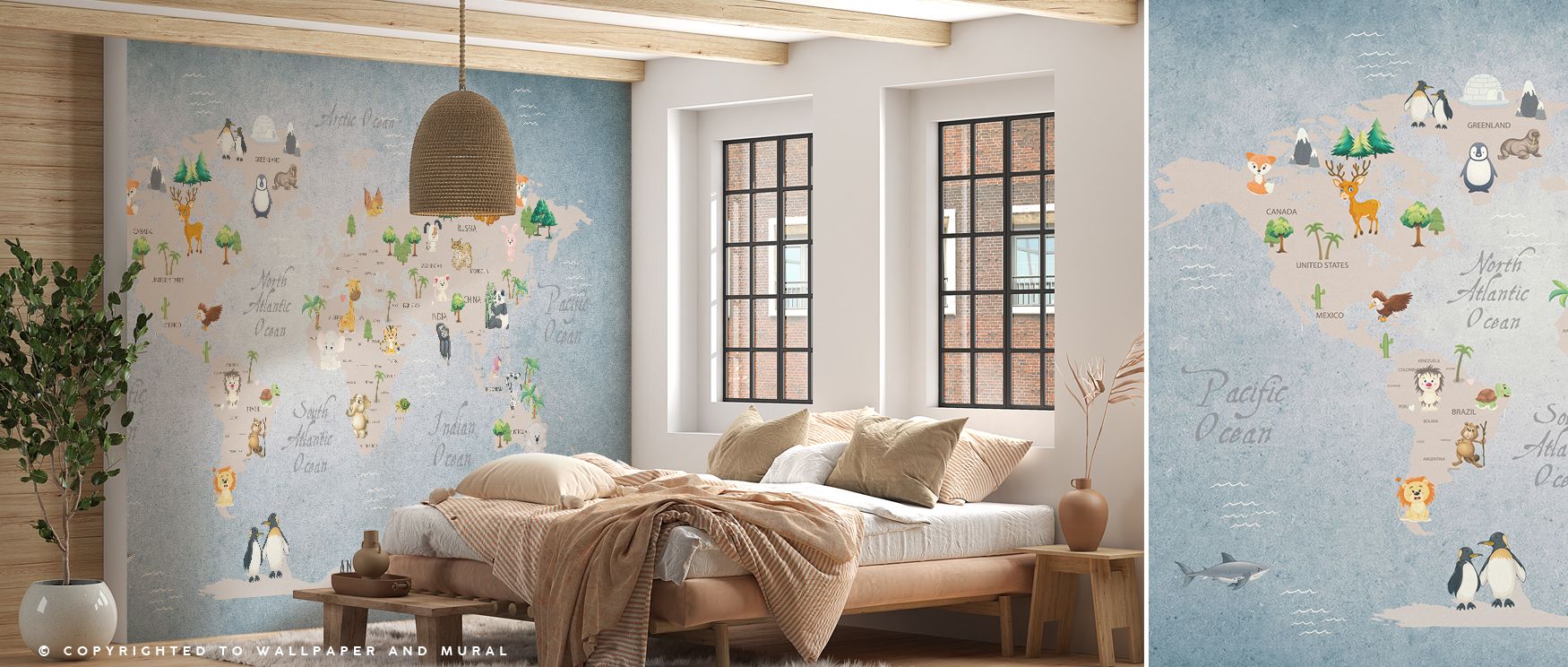 Over seas rendered as smooth brushstrokes, the Cute Animals World Map Wallpaper scatters friendly fins and feathers with even spacing, a calm rhythm that supports naps, homework, and quiet play, giving living rooms and family areas a unifying theme that f