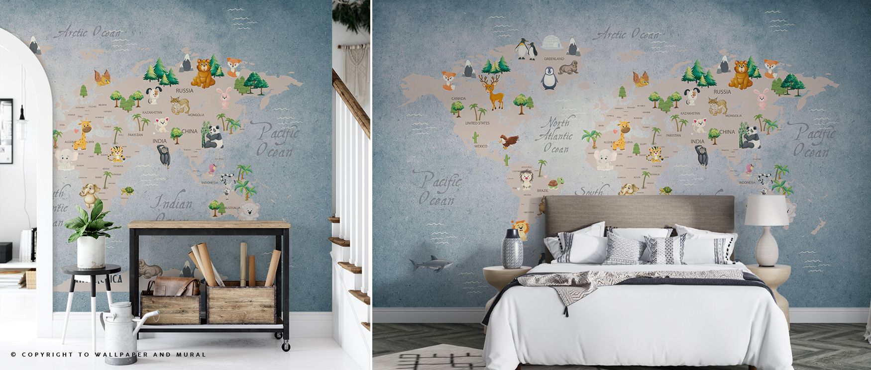 Across tidy labels and tiny trails, the Cute Animals World Map Wallpaper leaves space to add framed art or height charts, integrating beautifully with gallery walls while anchoring corners for reading tents, craft desks, and small sofas, all while maintai