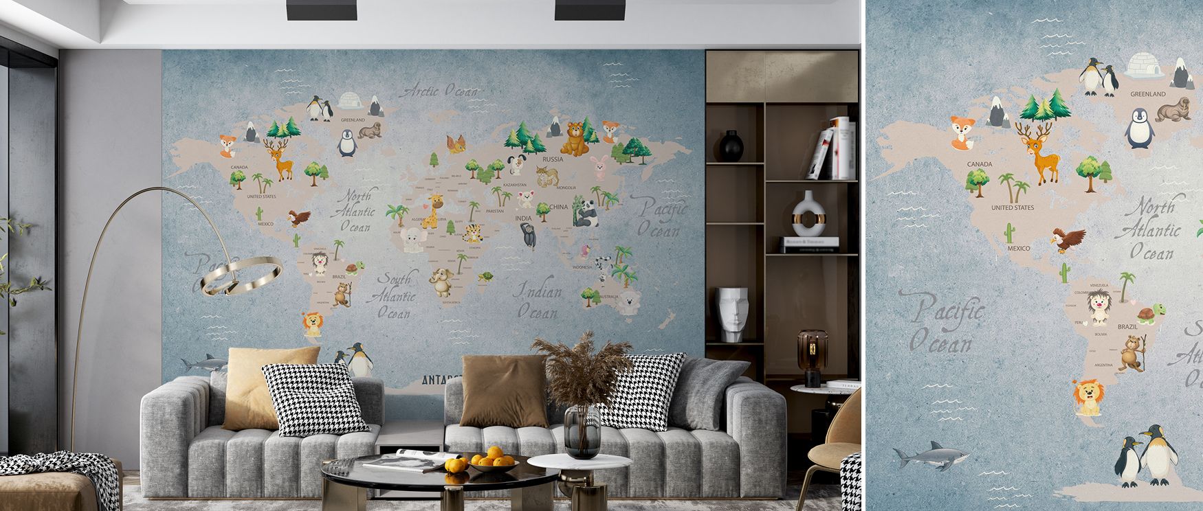 On a field of cloudlike blue and vanilla, the Cute Animals World Map Wallpaper lets personalities shine without clutter, providing a consistent visual rhythm that pairs with toy baskets, book ledges, and soft lighting, making tidy-up time feel easier and 