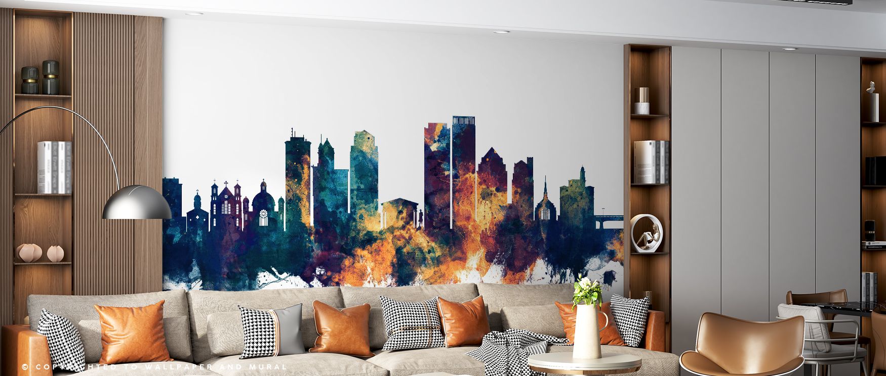 Across towers rendered with clean geometry, the Dayton Ohio Skyline Blue & Bronze Wallpaper keeps edges crisp and the atmosphere grounded, an urbane partner for leather, linen, and matte paint, offering a cultivated balance that refreshes bedrooms and giv