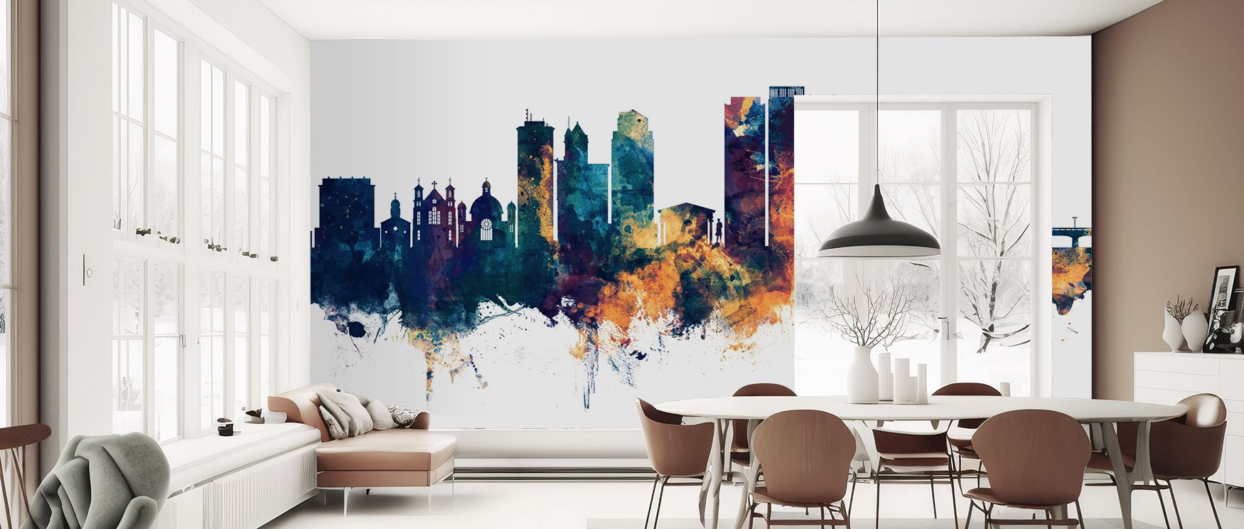 Under a sky that seems to move, the Dayton Ohio Skyline Blue & Bronze Wallpaper adds dimension without clutter, a friendly drama that plays well with warm woods and cool stone, letting a room feel finished even when styling stays minimal and the palette r