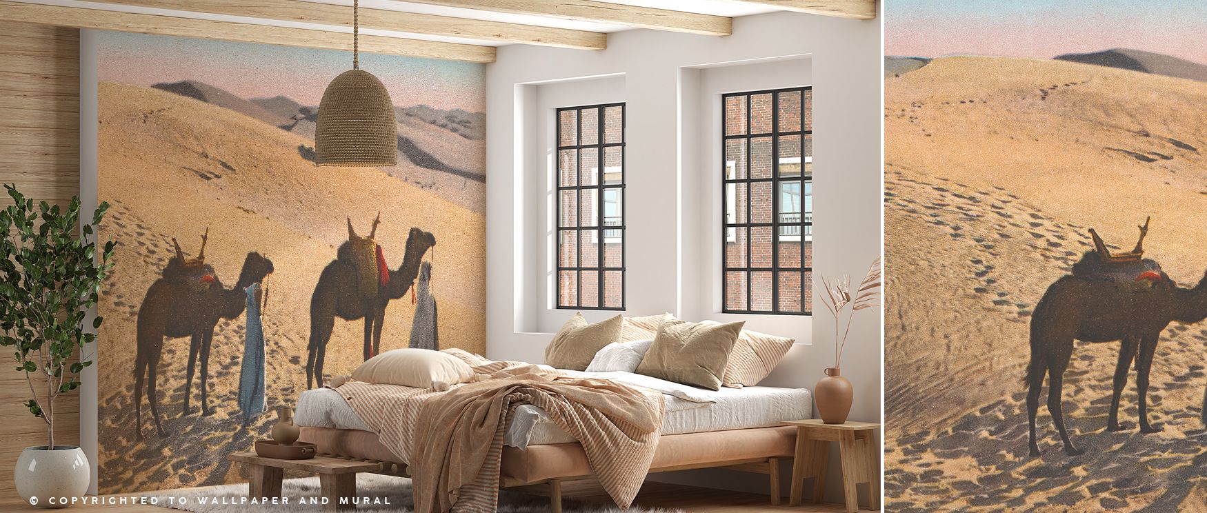 Desert Crossing Postcard Screenprint Wallpaper reflects historical artistry, surrounding homes with nostalgic imagery. Its palette enriches bedrooms, offices, or stylish living areas with balance, charm, and reflective atmosphere that conveys cultural pri